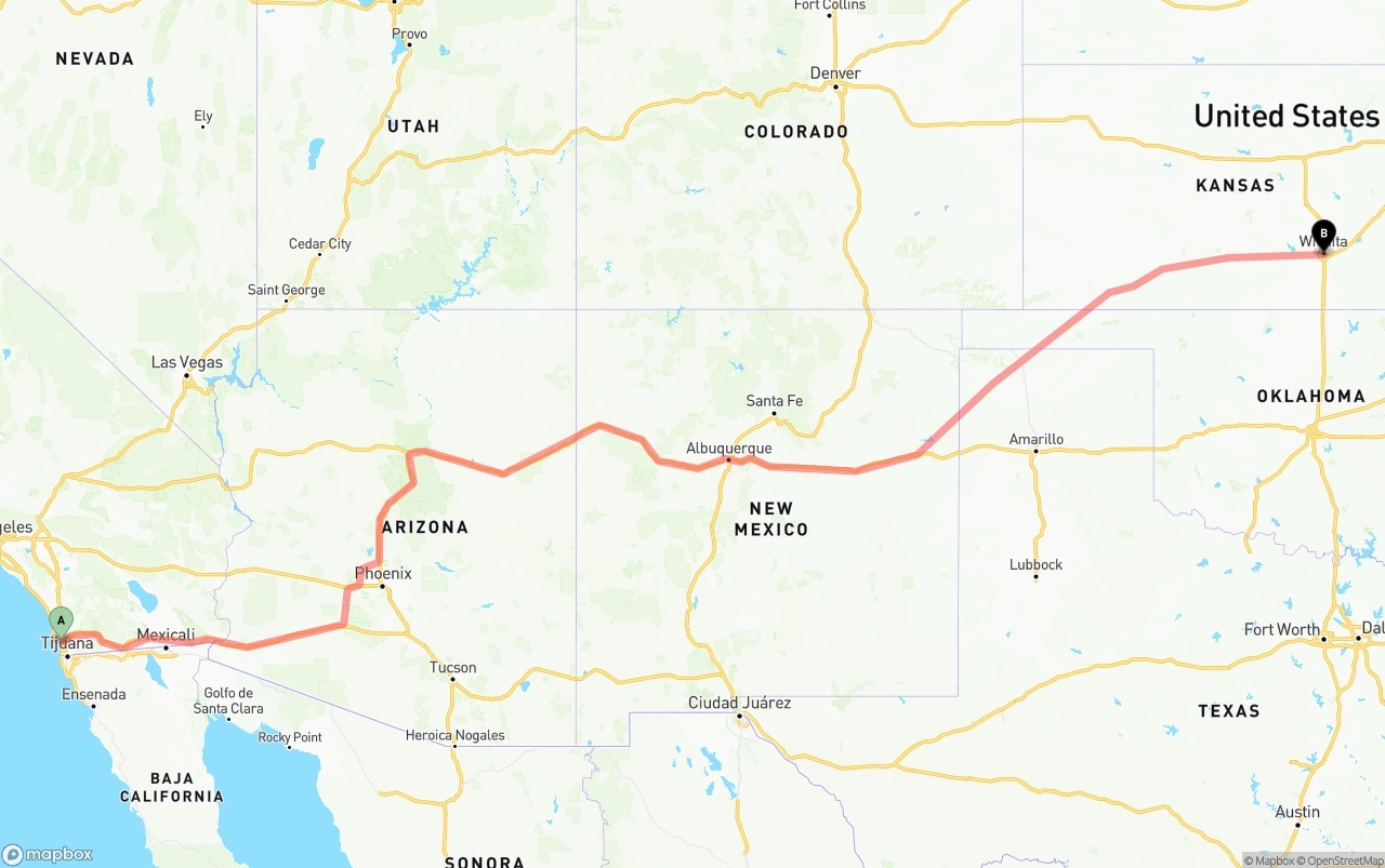 Shipping route from San Diego to Wichita