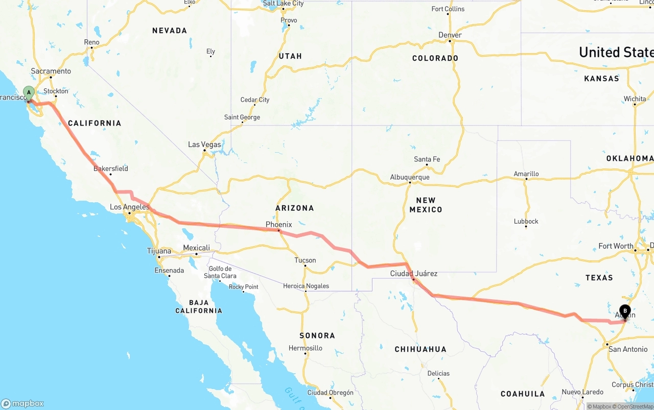Shipping route from San Francisco to Austin