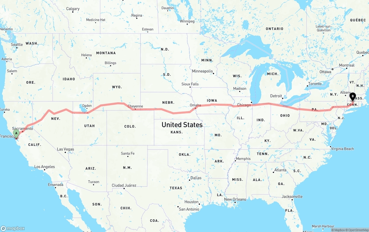 Shipping route from San Francisco to Bradley International Airport