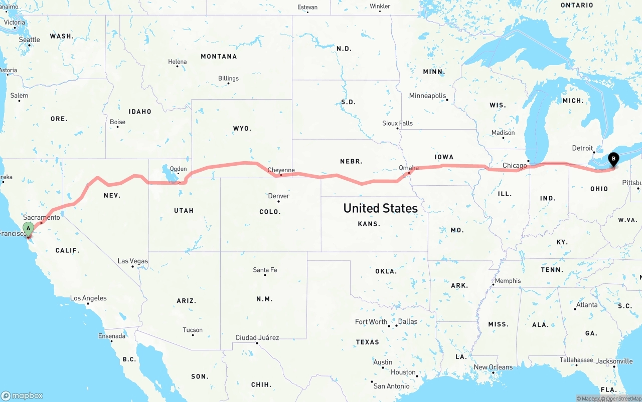 Shipping route from San Francisco to Cleveland