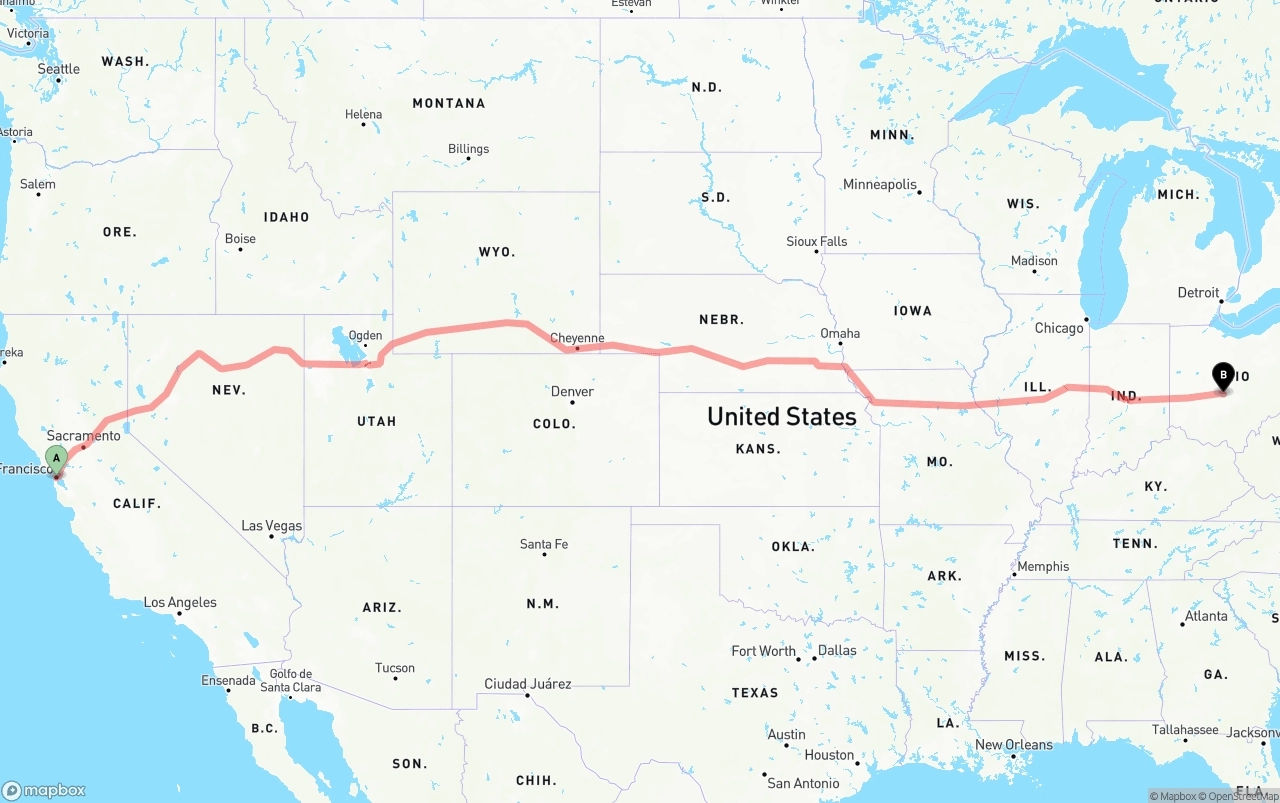 Shipping route from San Francisco to Columbus
