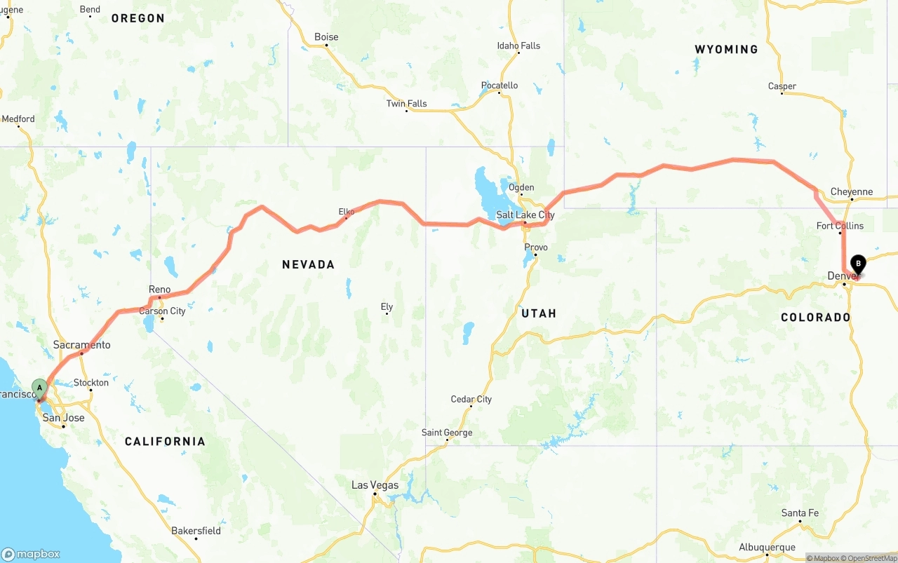 Shipping route from San Francisco to Denver International Airport