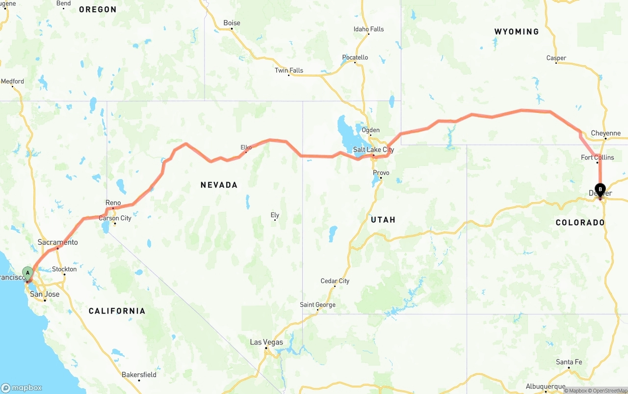 Shipping route from San Francisco to Denver