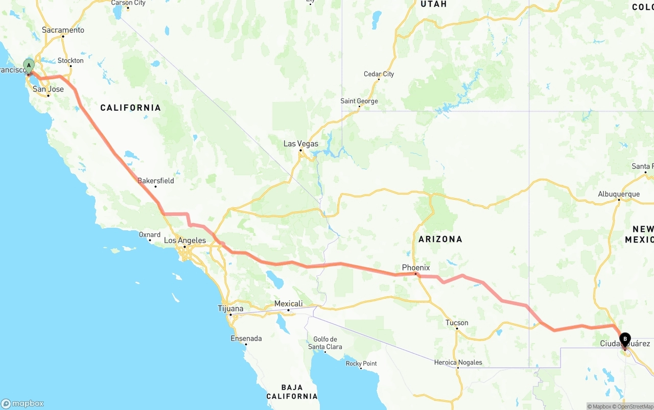 Shipping route from San Francisco to El Paso