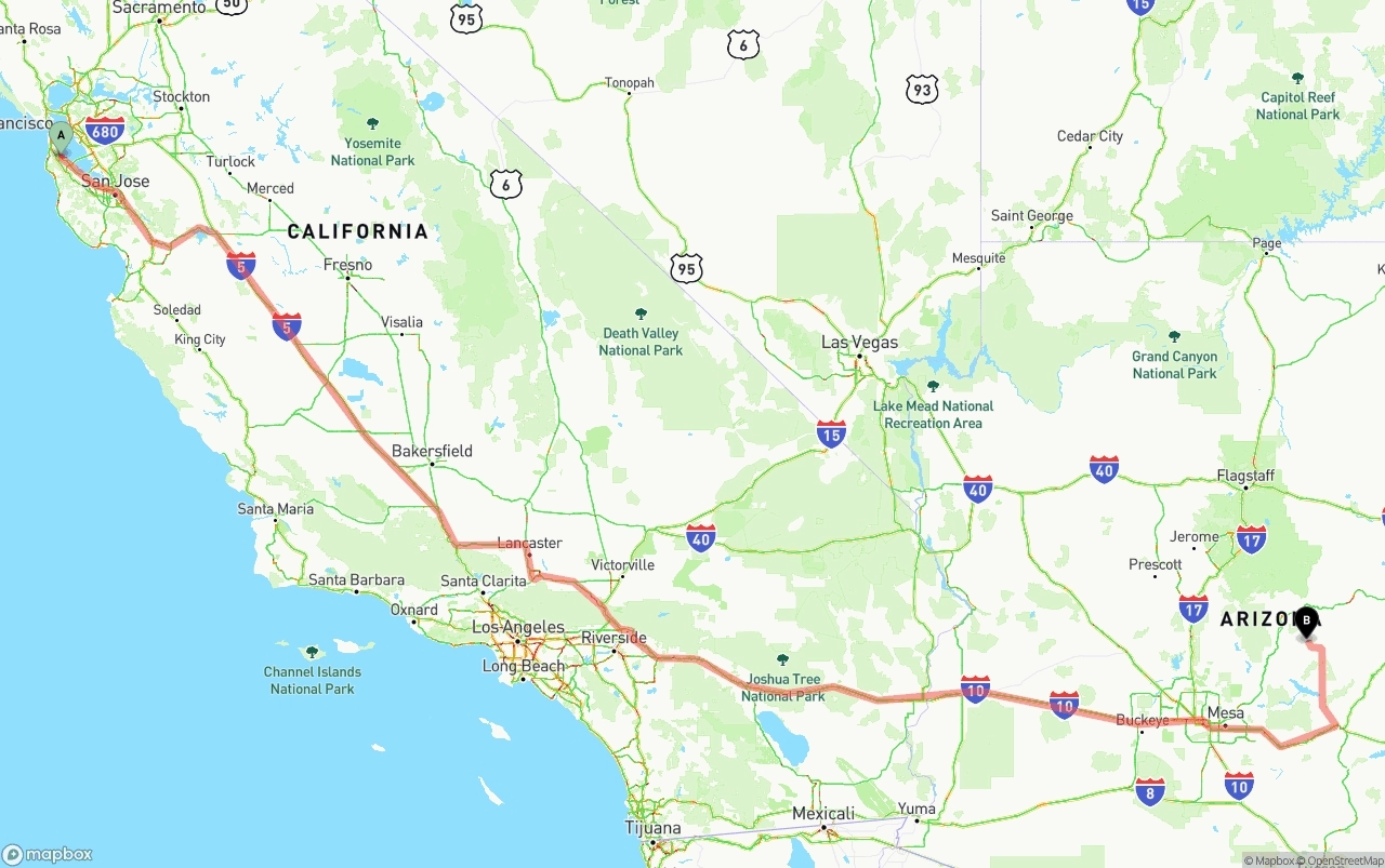 Shipping route from San Francisco International Airport to Arizona