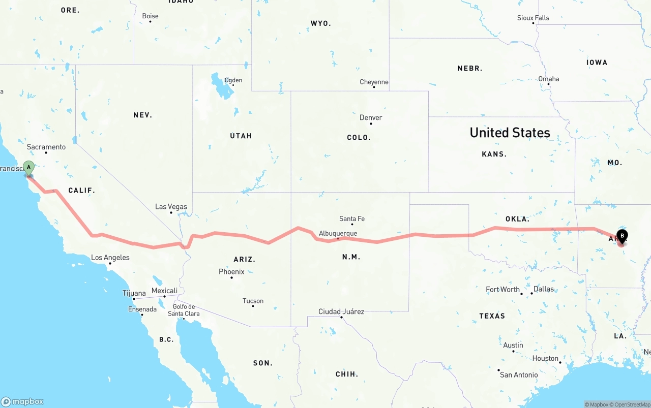 Shipping route from San Francisco International Airport to Arkansas