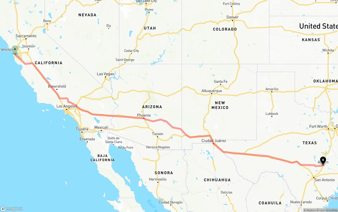 Shipping route from San Francisco International Airport to Austin