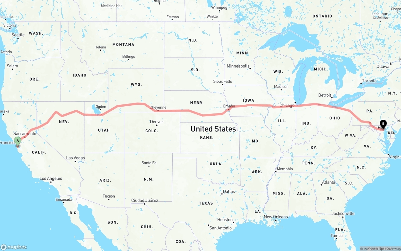 Shipping route from San Francisco International Airport to Baltimore