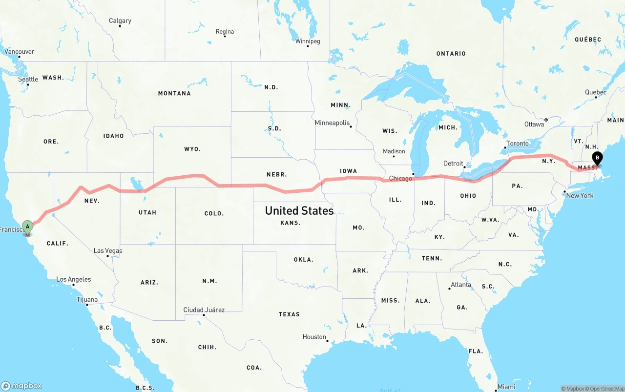 Shipping route from San Francisco International Airport to Boston