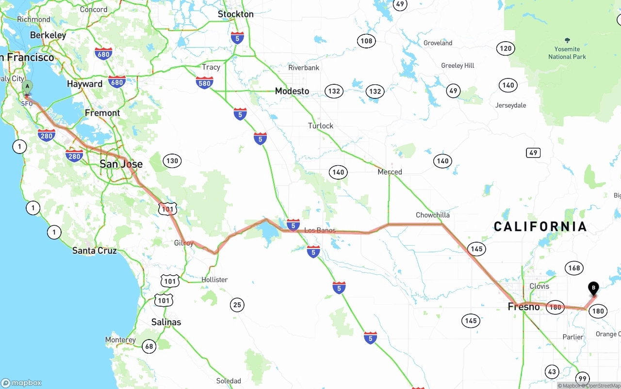 Shipping route from San Francisco International Airport to California