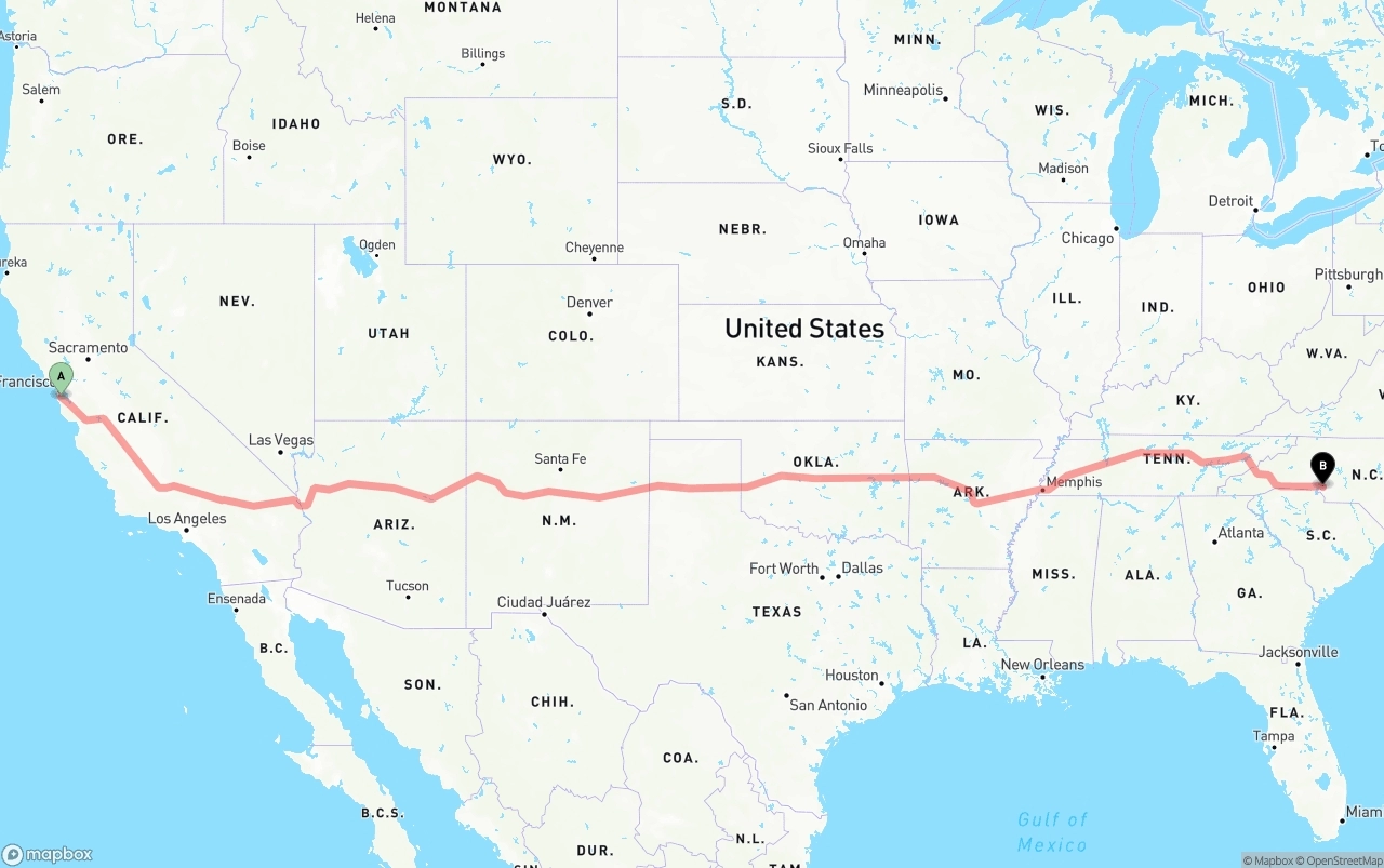 Shipping route from San Francisco International Airport to Charlotte