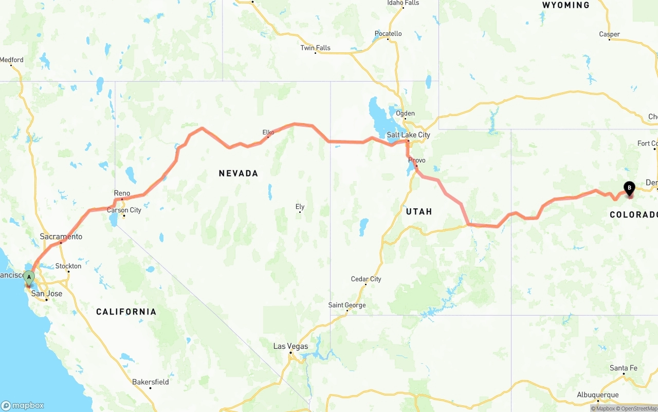 Shipping route from San Francisco International Airport to Colorado