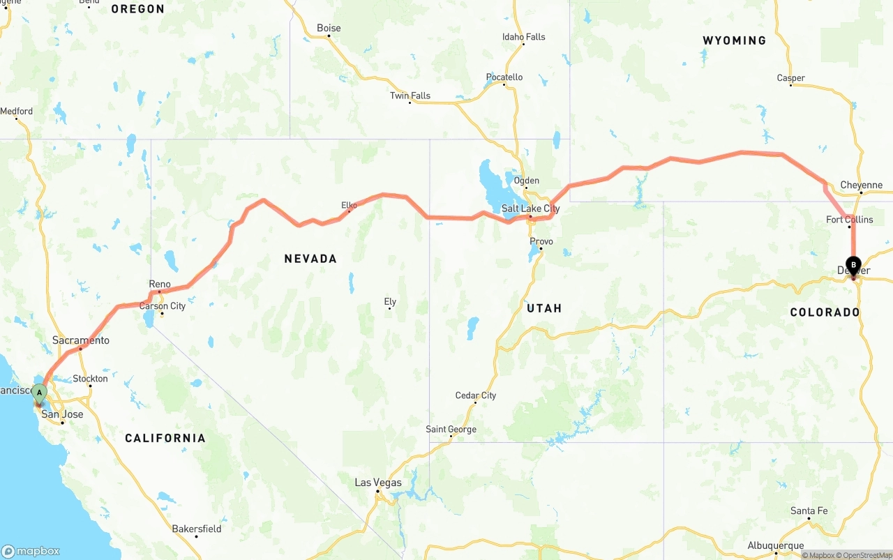 Shipping route from San Francisco International Airport to Denver