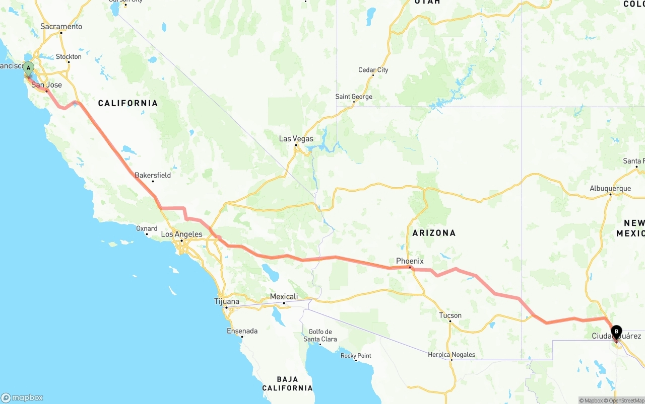 Shipping route from San Francisco International Airport to El Paso
