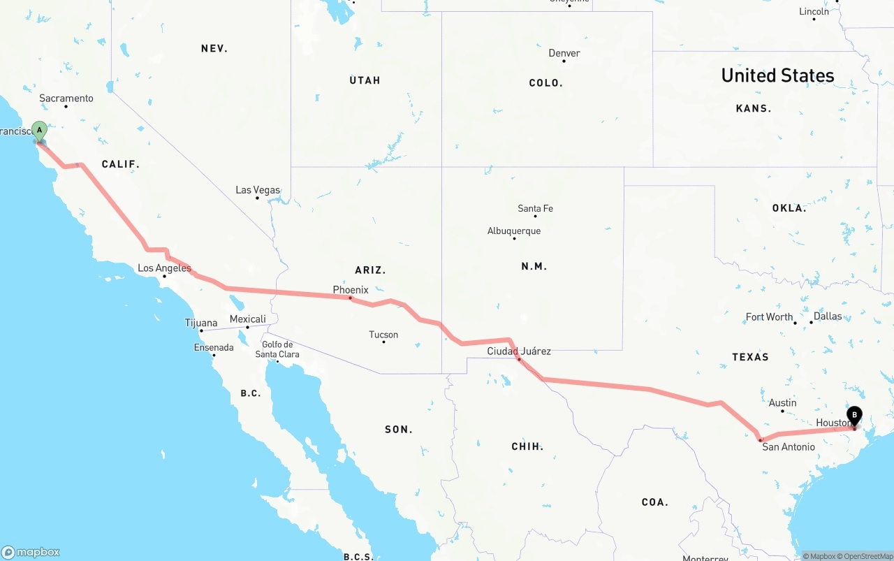 Shipping route from San Francisco International Airport to Houston
