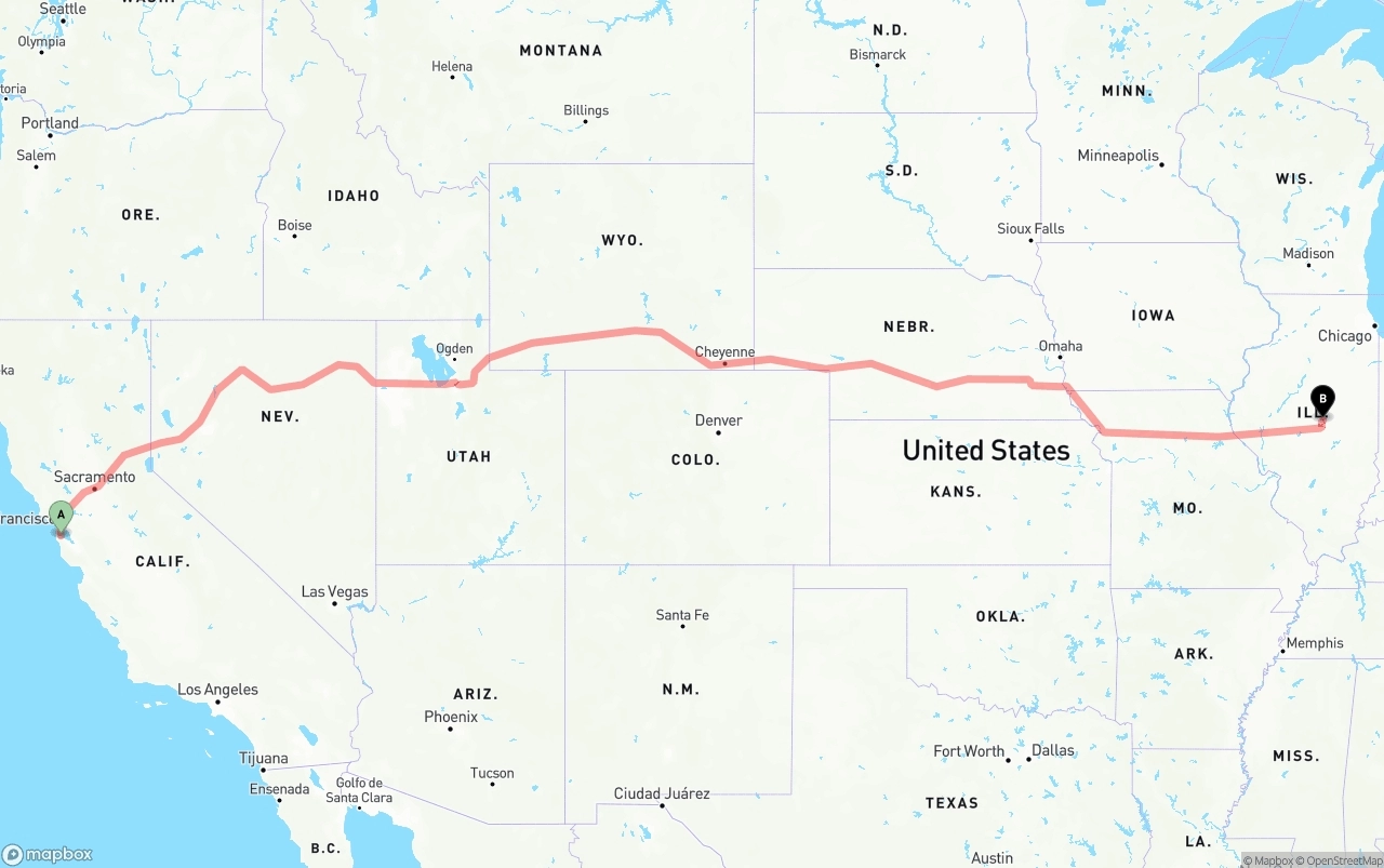 Shipping route from San Francisco International Airport to Illinois