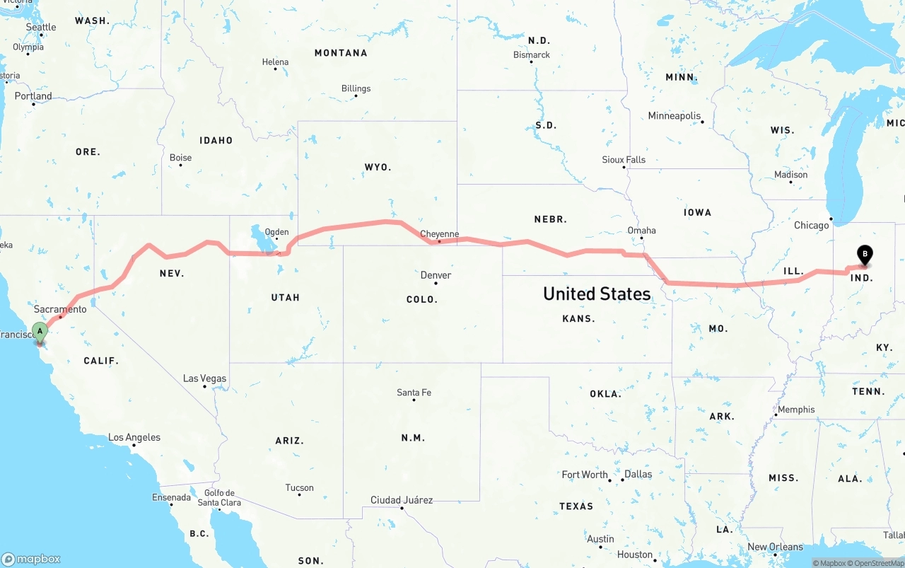 Shipping route from San Francisco International Airport to Indiana