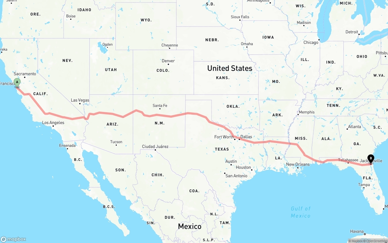 Shipping route from San Francisco International Airport to Jacksonville