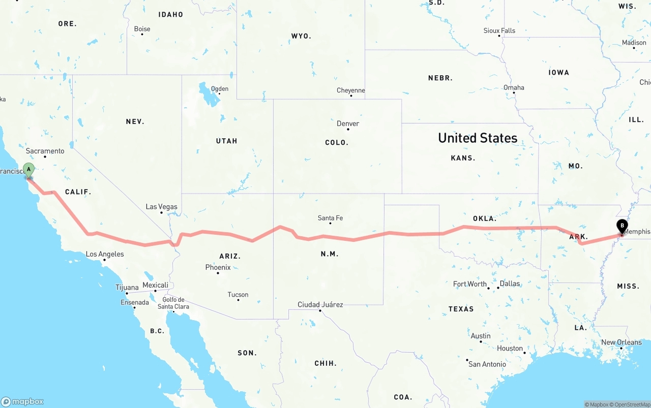 Shipping route from San Francisco International Airport to Memphis