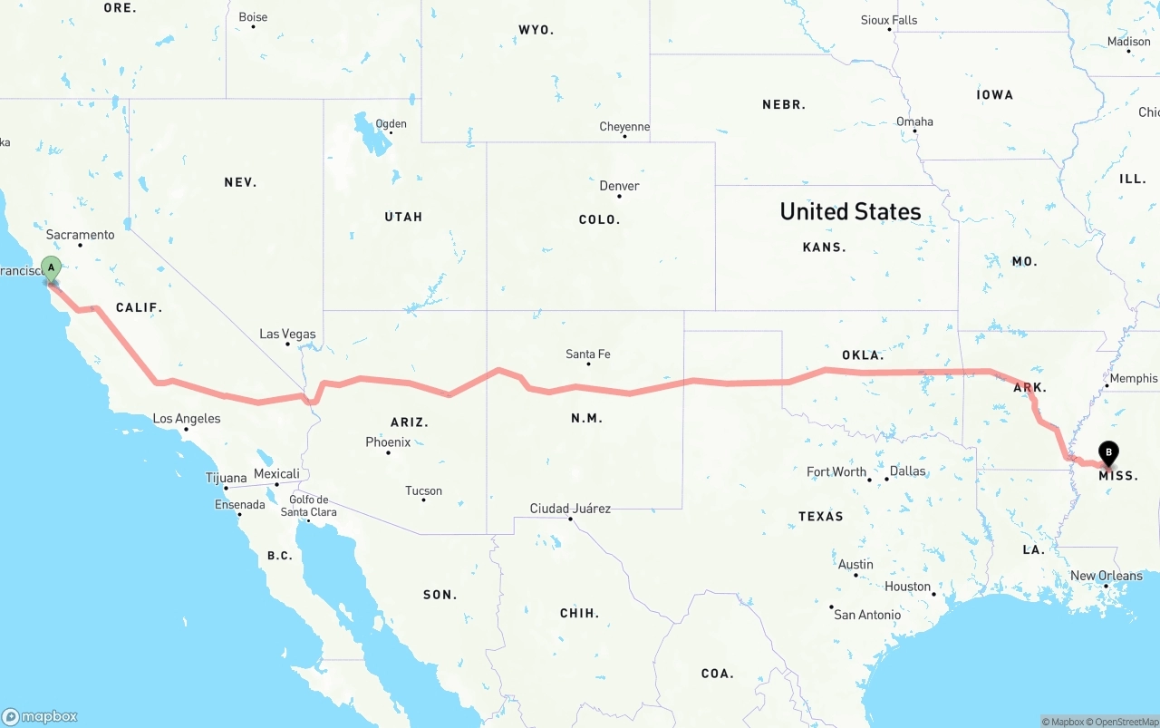 Shipping route from San Francisco International Airport to Mississippi