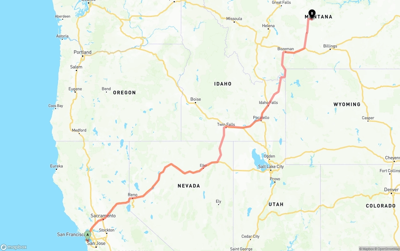 Shipping route from San Francisco International Airport to Montana