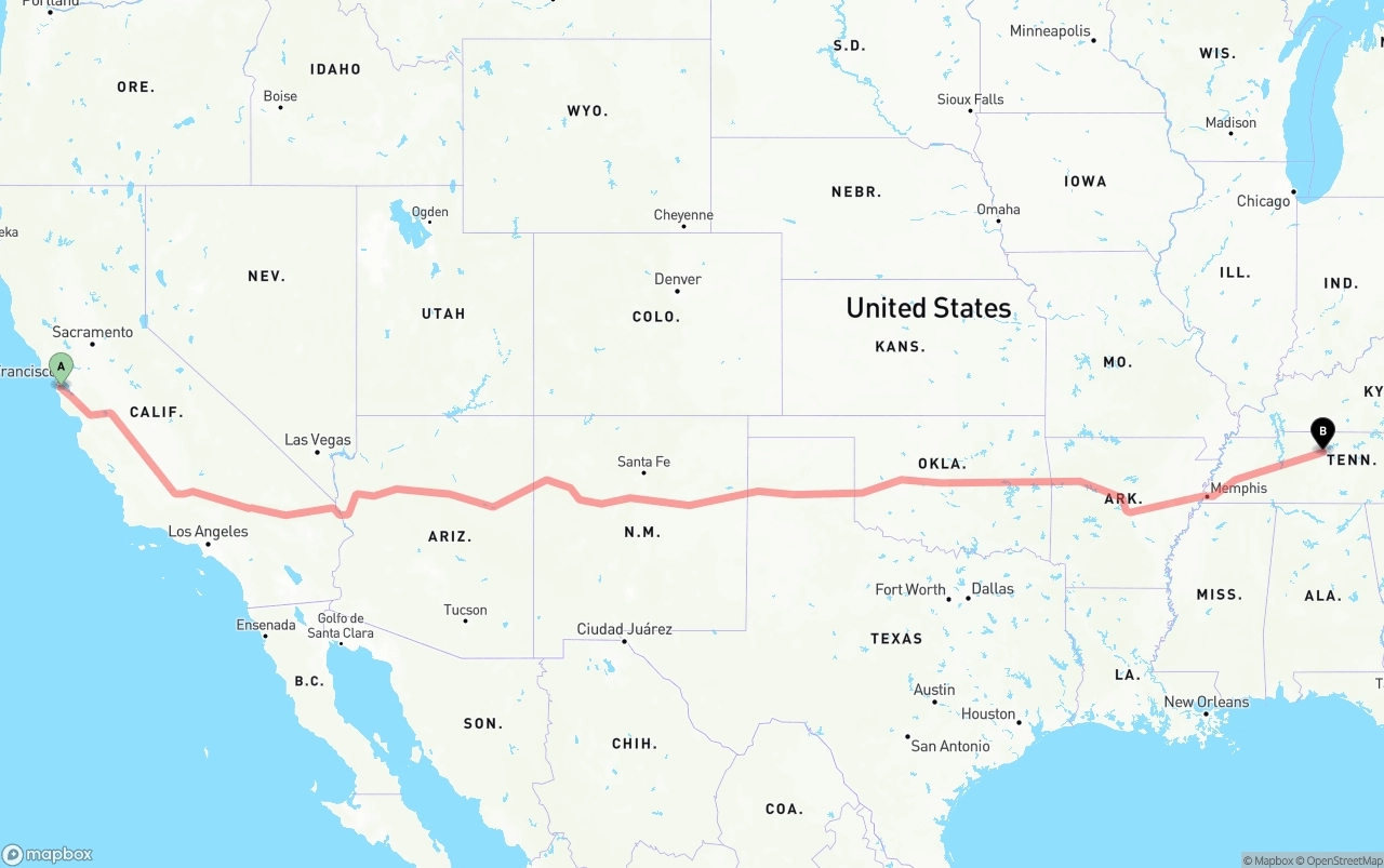 Shipping route from San Francisco International Airport to Nashville