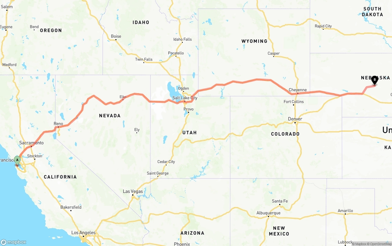 Shipping route from San Francisco International Airport to Nebraska