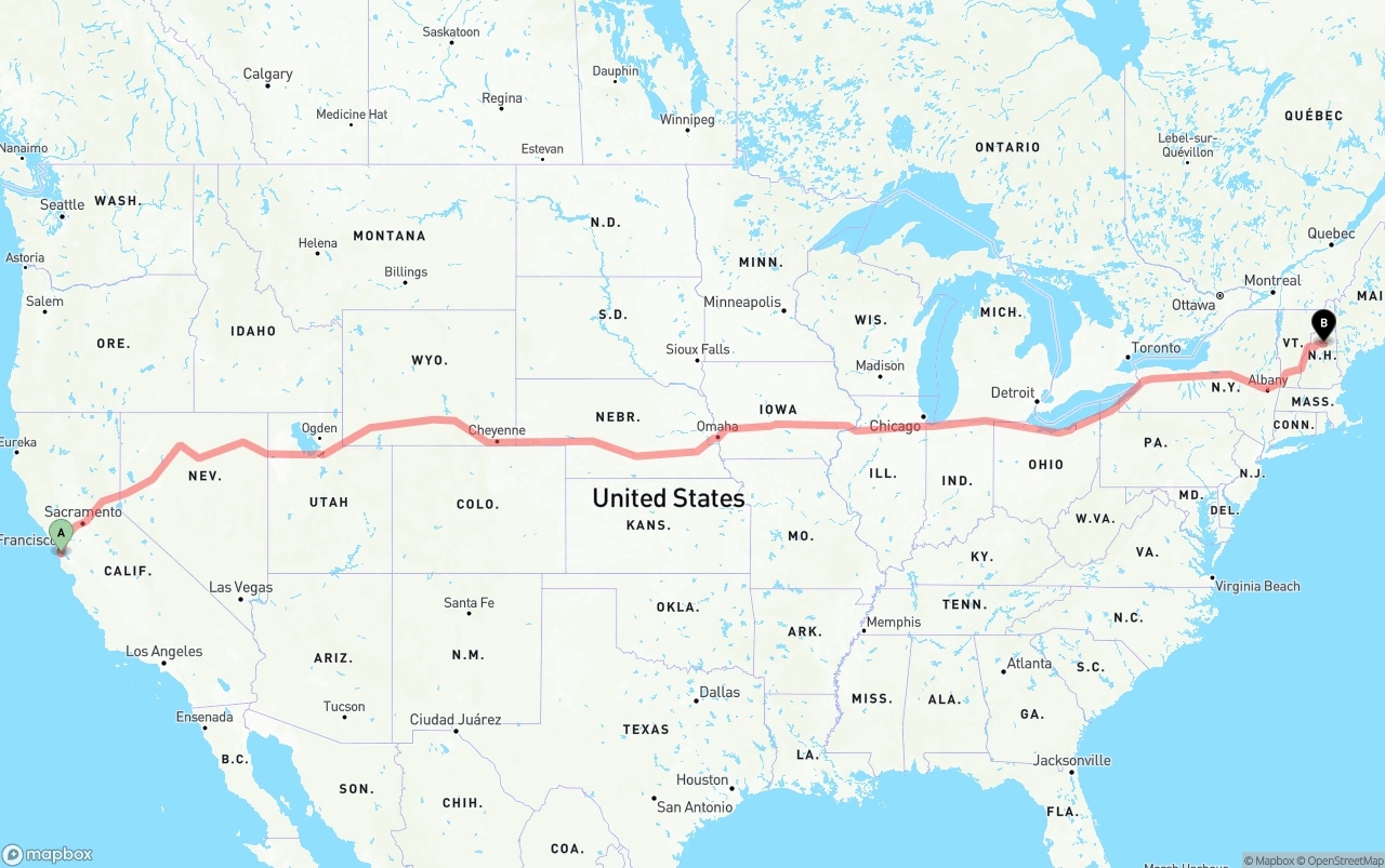 Shipping route from San Francisco International Airport to New Hampshire