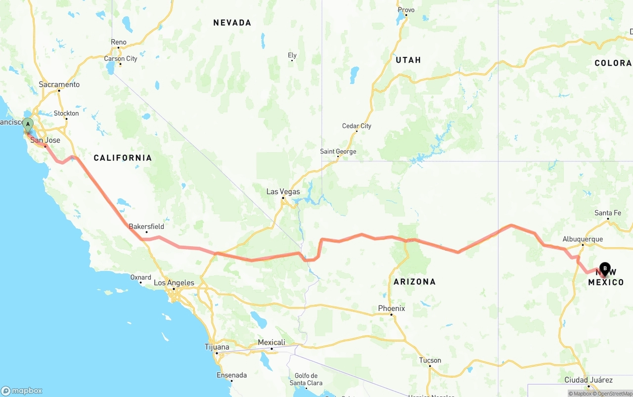 Shipping route from San Francisco International Airport to New Mexico