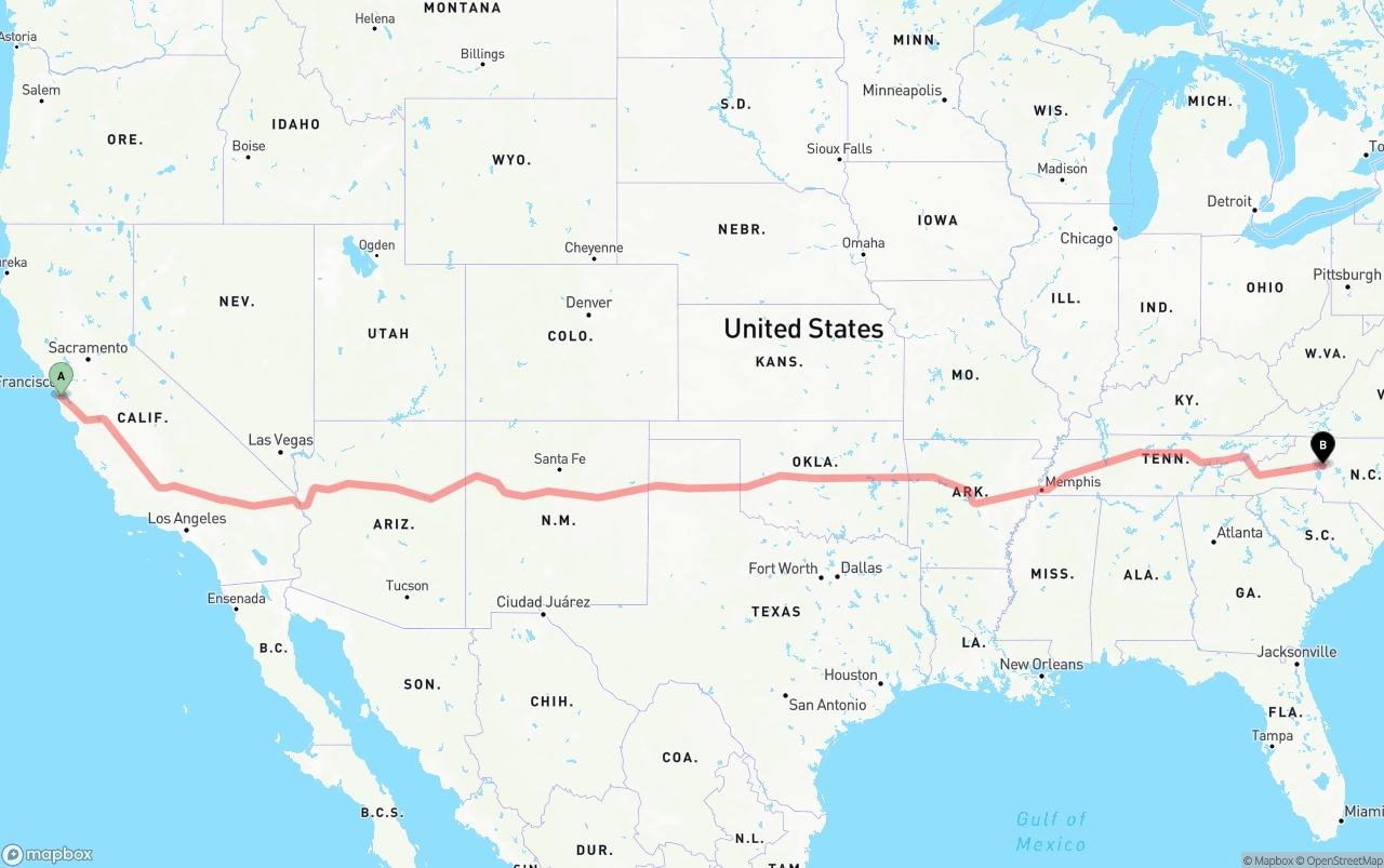 Shipping route from San Francisco International Airport to North Carolina
