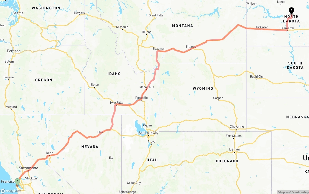 Shipping route from San Francisco International Airport to North Dakota