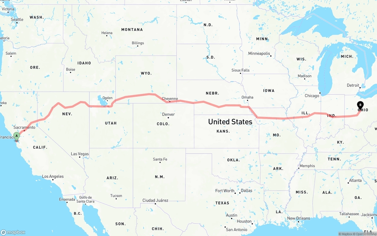 Shipping route from San Francisco International Airport to Ohio