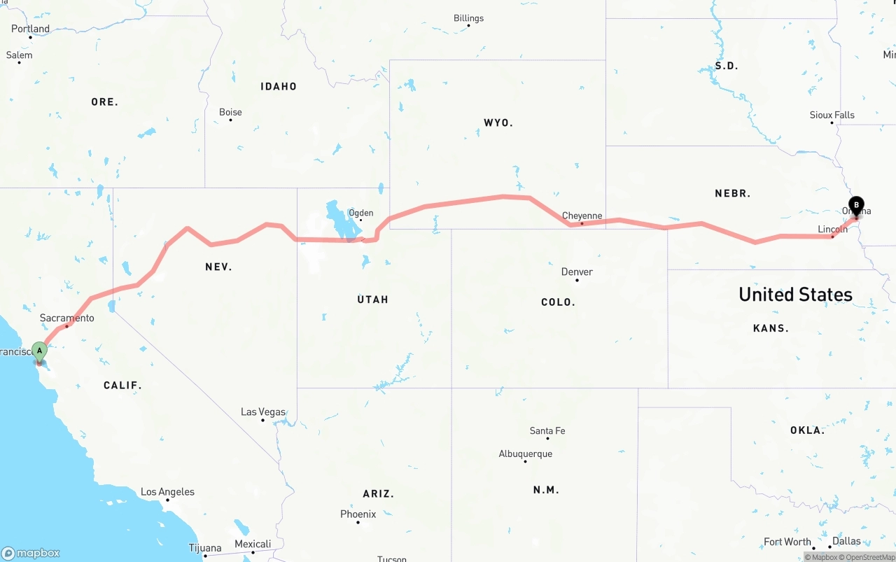 Shipping route from San Francisco International Airport to Omaha
