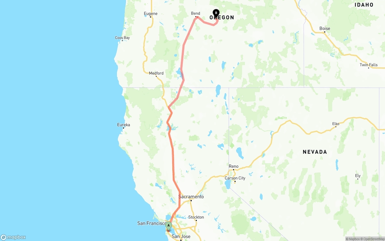 Shipping route from San Francisco International Airport to Oregon