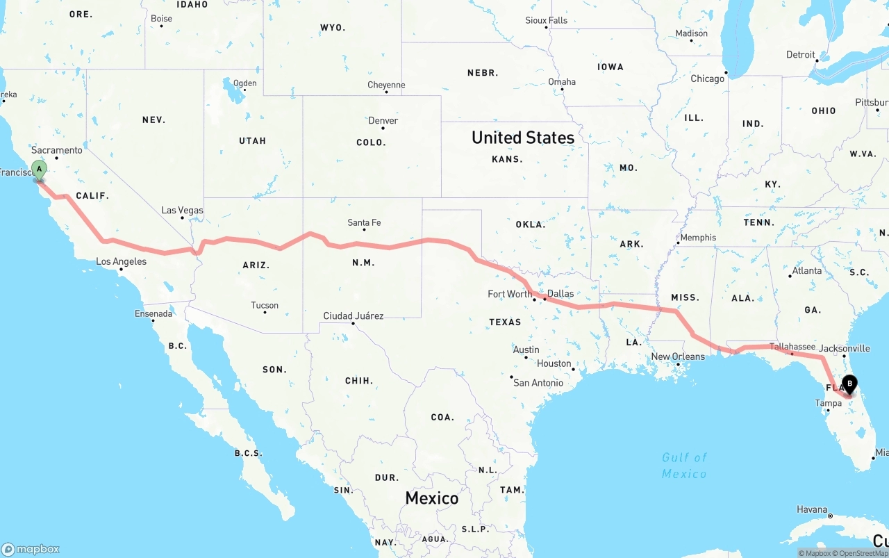Shipping route from San Francisco International Airport to Orlando