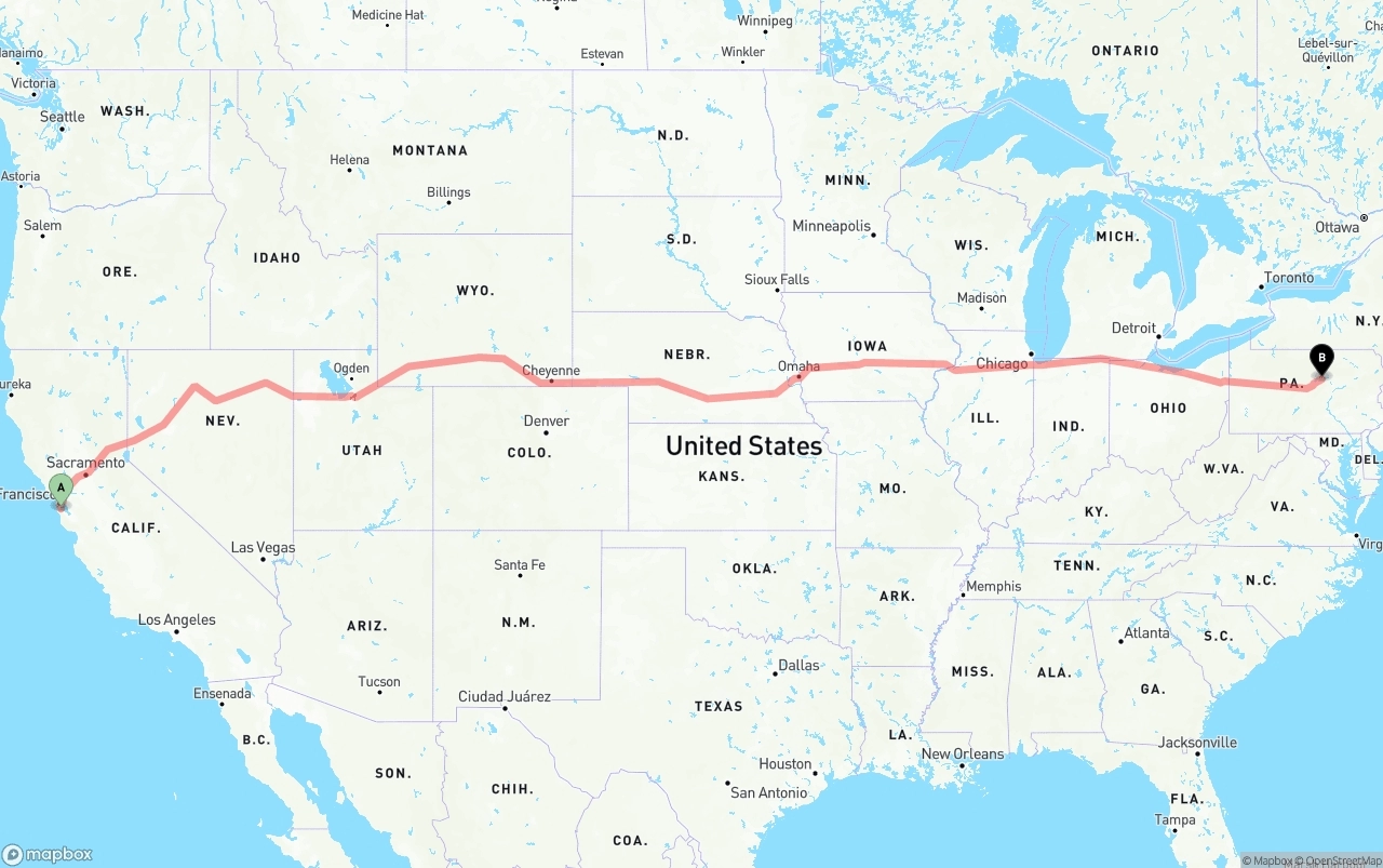 Shipping route from San Francisco International Airport to Pennsylvania