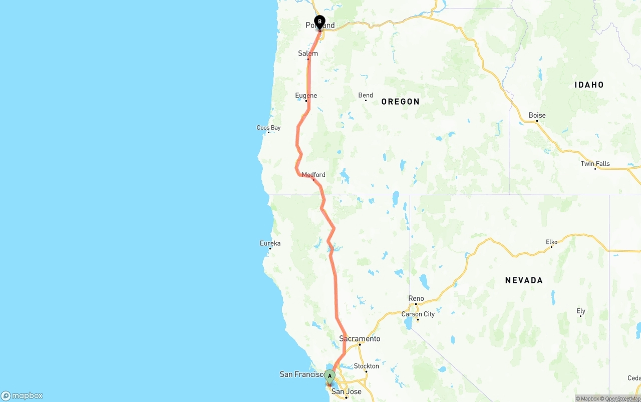 Shipping route from San Francisco International Airport to Portland