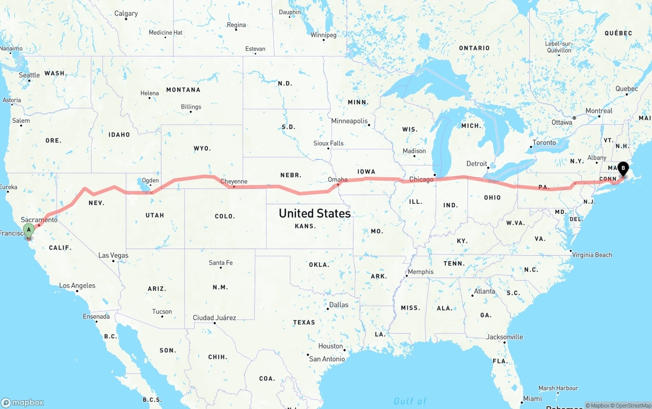 Shipping route from San Francisco International Airport to Rhode Island