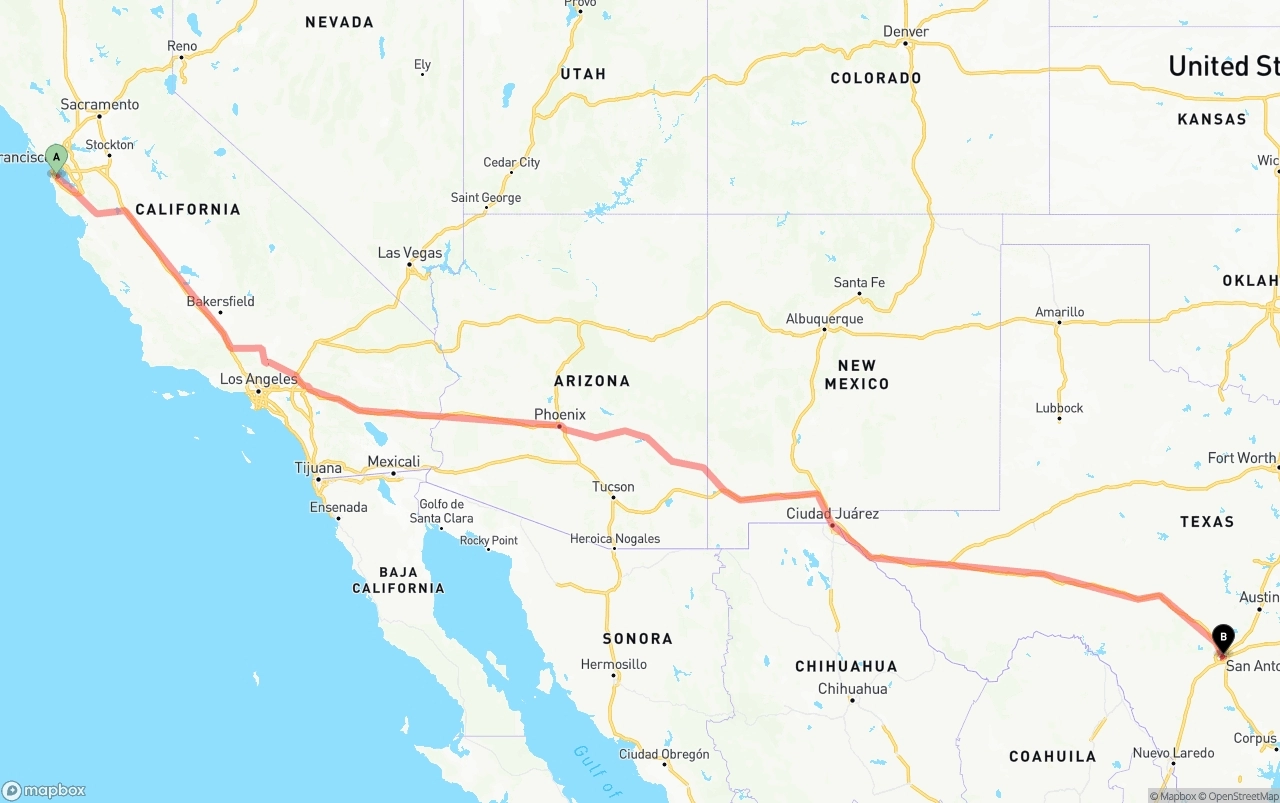 Shipping route from San Francisco International Airport to San Antonio