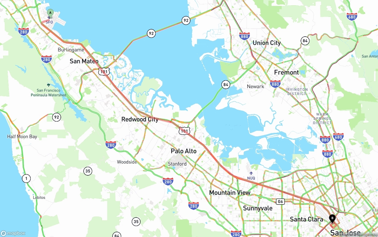 Shipping route from San Francisco International Airport to San Jose