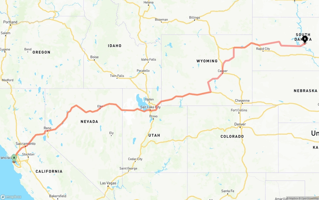 Shipping route from San Francisco International Airport to South Dakota