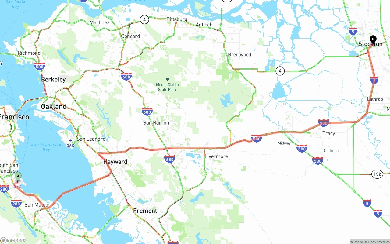 Shipping route from San Francisco International Airport to Stockton