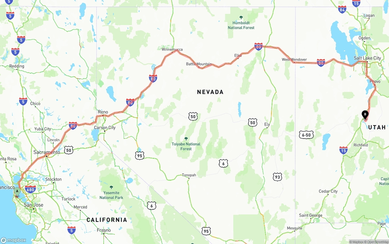 Shipping route from San Francisco International Airport to Utah