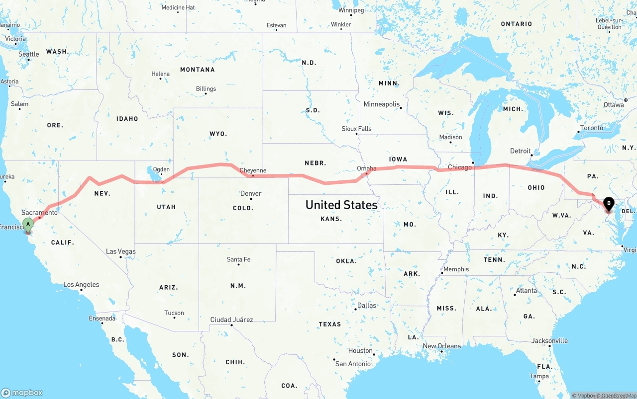 Shipping route from San Francisco International Airport to Washington D.C.