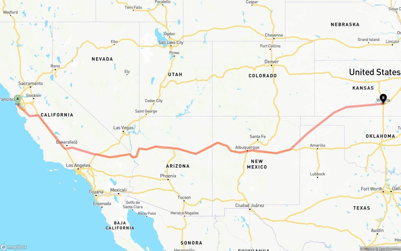 Shipping route from San Francisco International Airport to Wichita