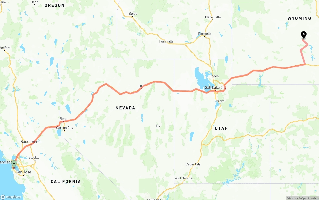 Shipping route from San Francisco International Airport to Wyoming
