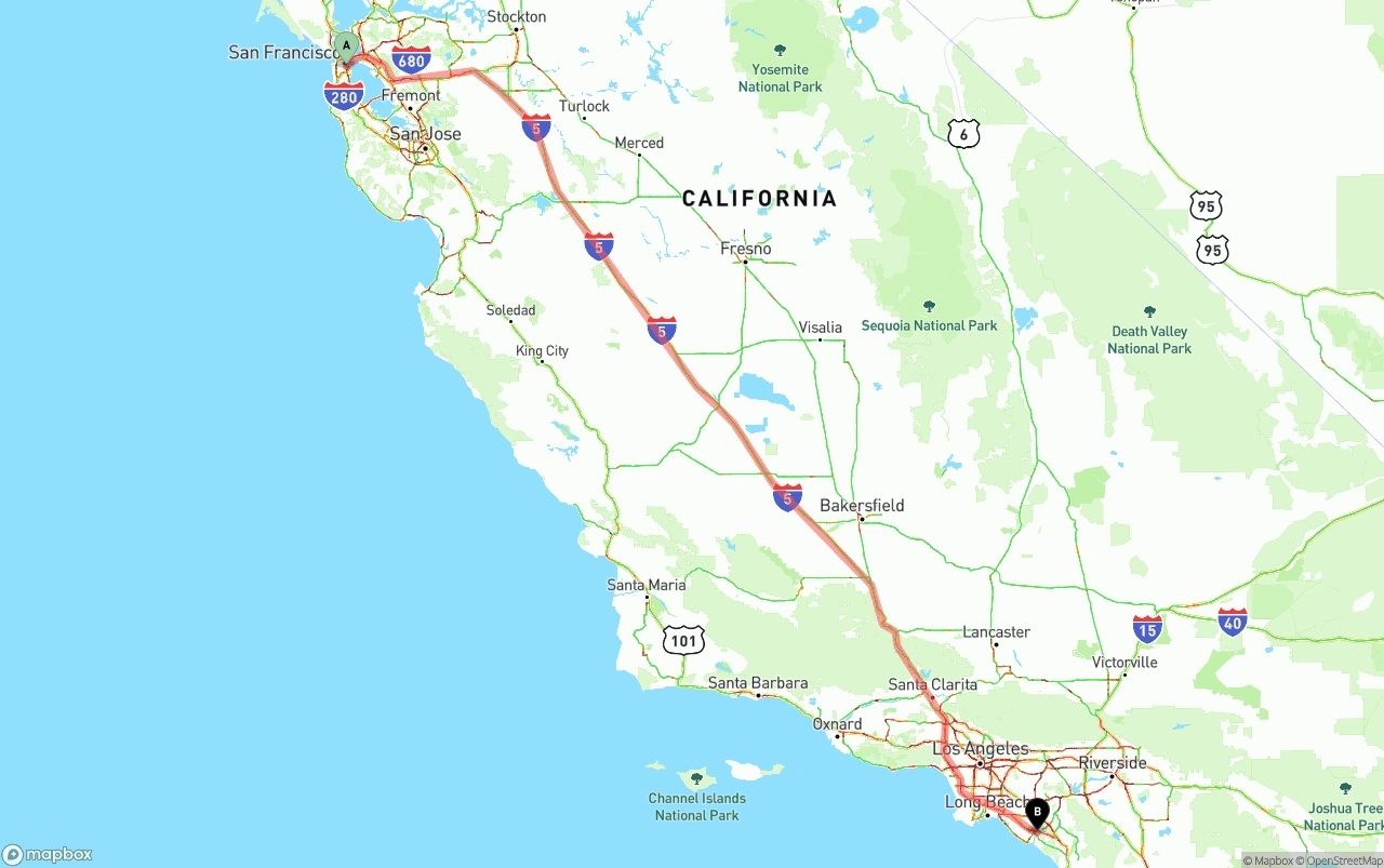 Shipping route from San Francisco to John Wayne Airport — Orange County