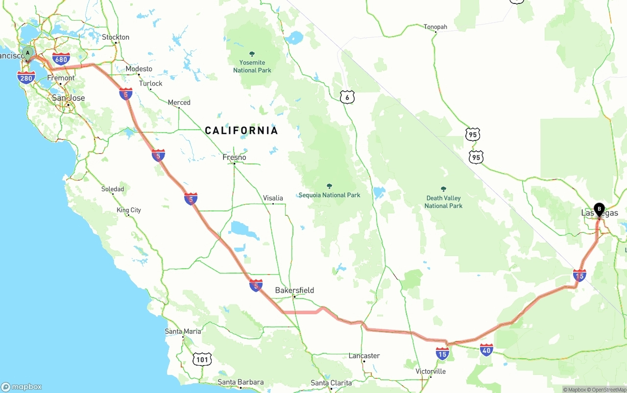 Shipping route from San Francisco to Las Vegas