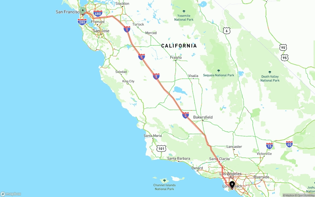 Shipping route from San Francisco to Long Beach