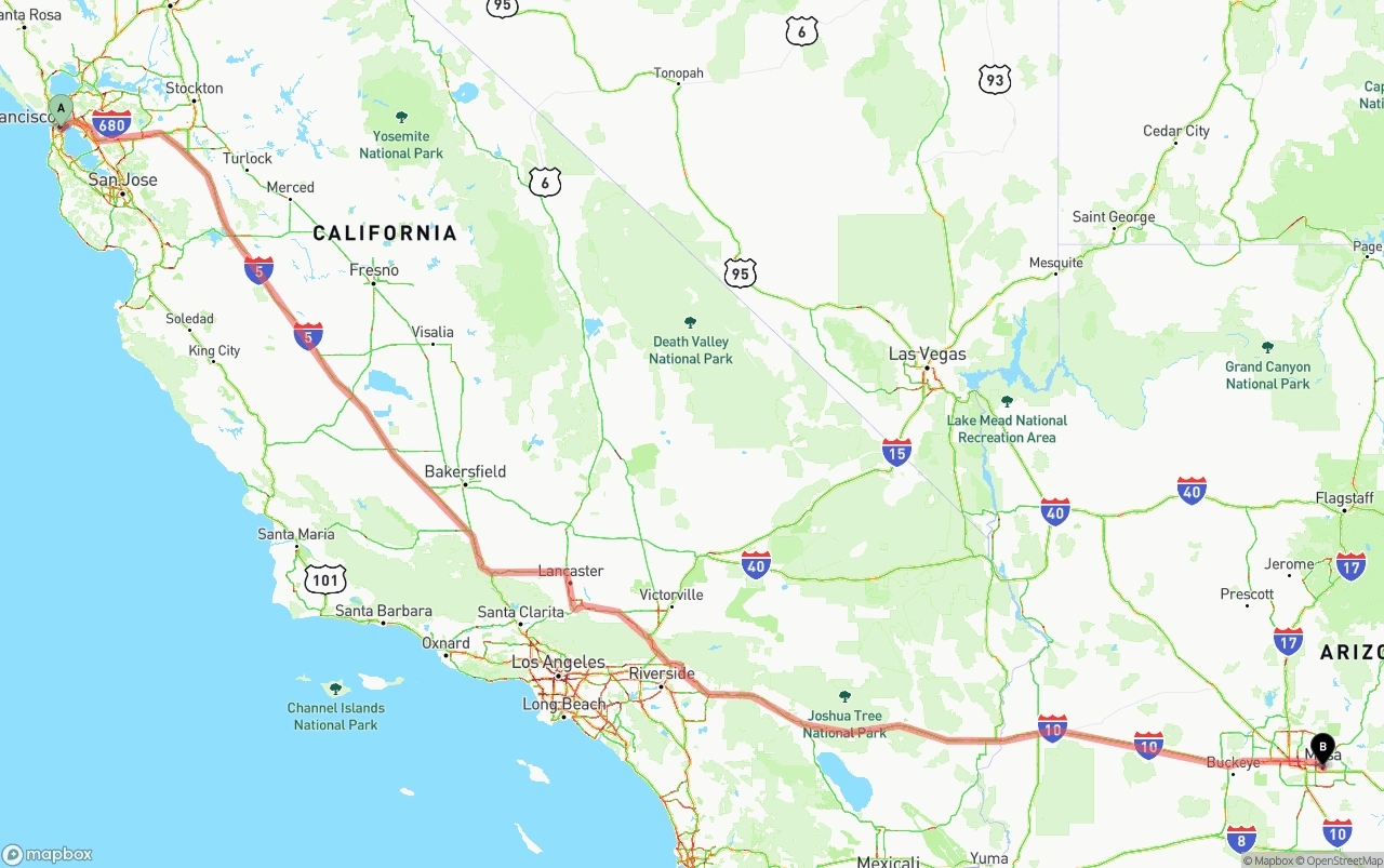 Shipping route from San Francisco to Mesa